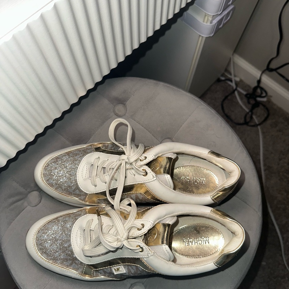 Michael Kors White and Gold Glitter Sneakers - Picture 2 of 3